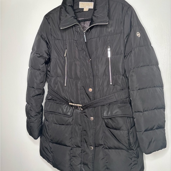 Michael Kors Black Quilted Puffer Coat Jacket Belted Zip Front Women’s Large - Picture 3 of 11